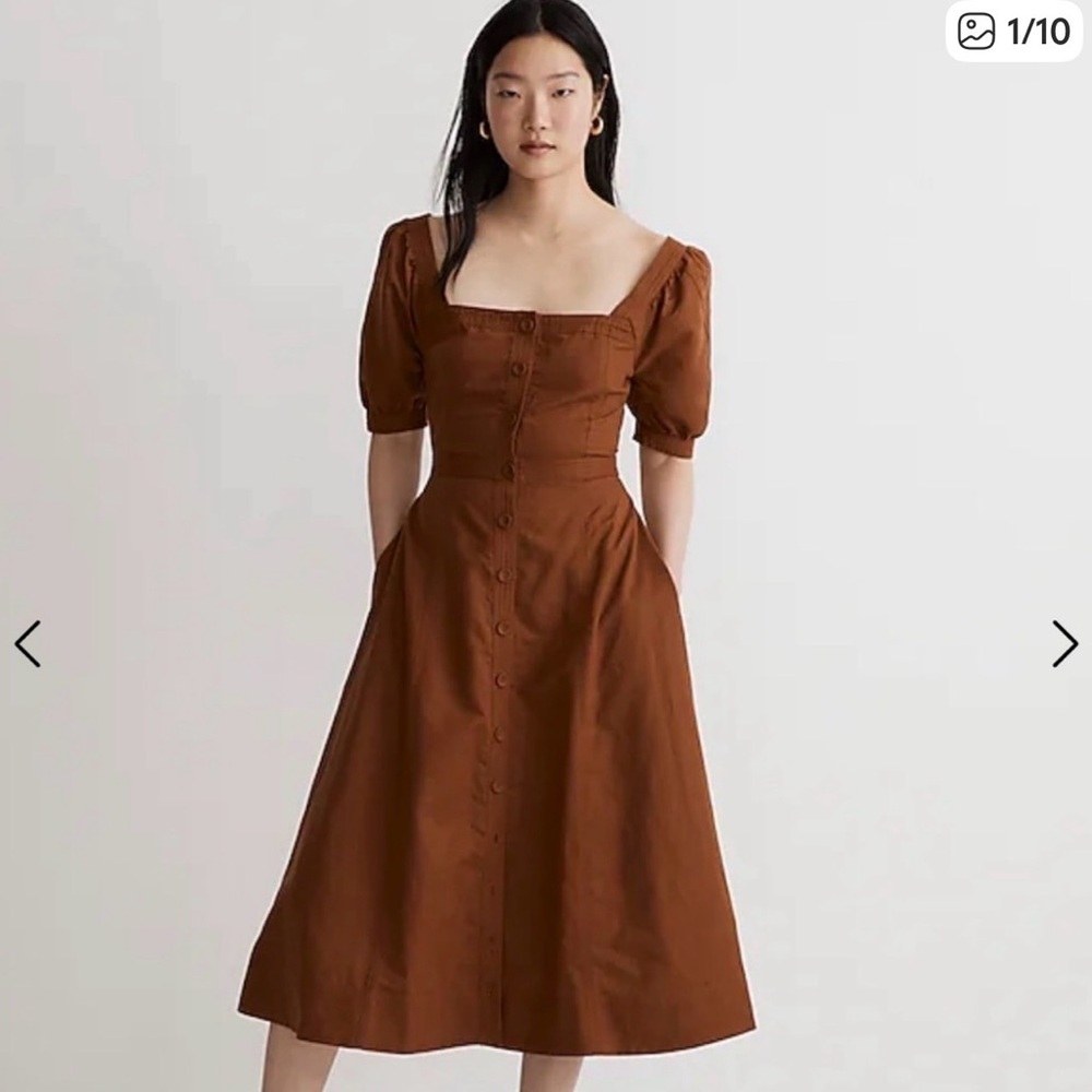 Madewell puff sleeve midi dress warm burnt orange linen blend